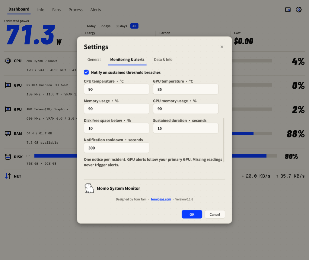 English alert threshold settings with CPU GPU memory disk limits and notification timing