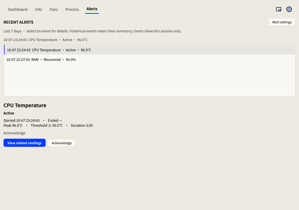 English Alerts page showing an active CPU event and recovered memory incident with event details