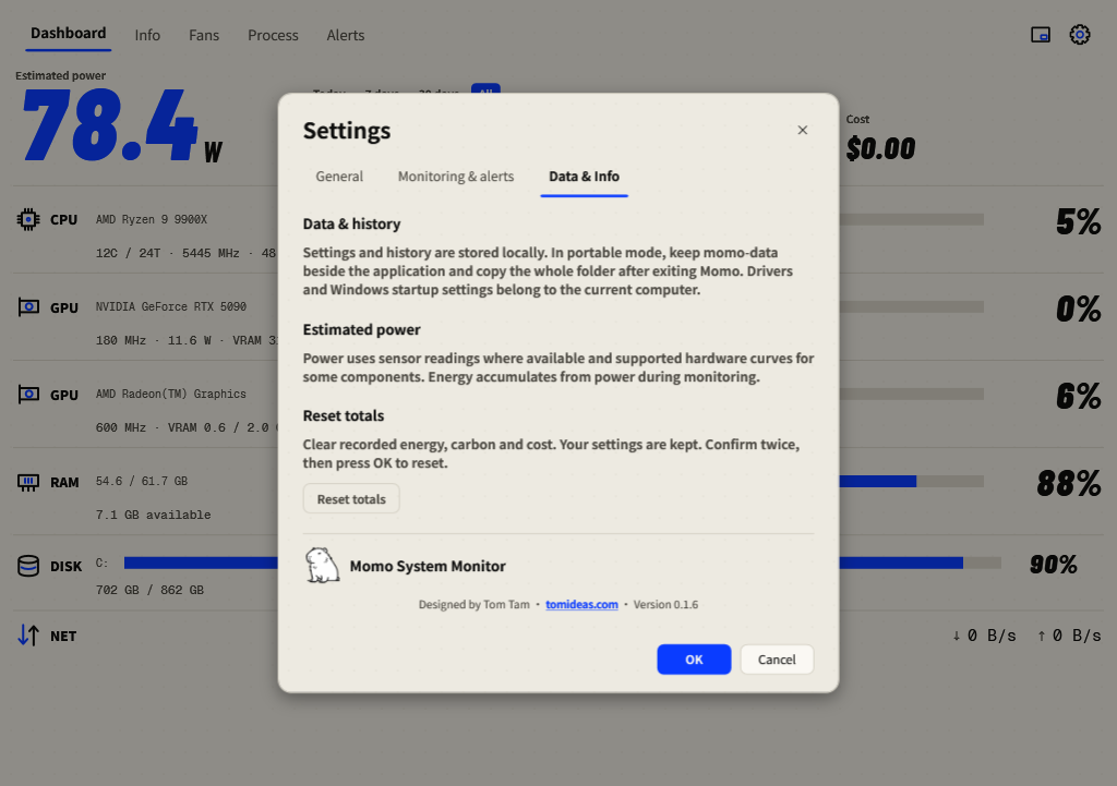 Data and Info tab with local data information and reset totals control