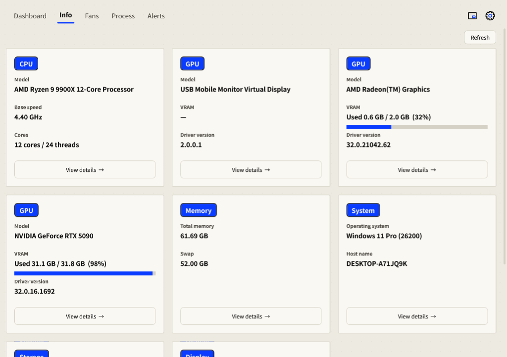 English Info page with hardware cards and Refresh control