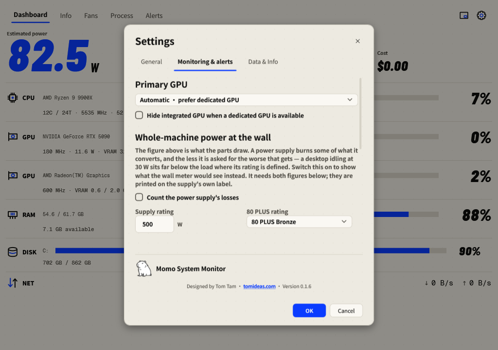 English Monitoring and alerts settings with primary GPU and sensor settings