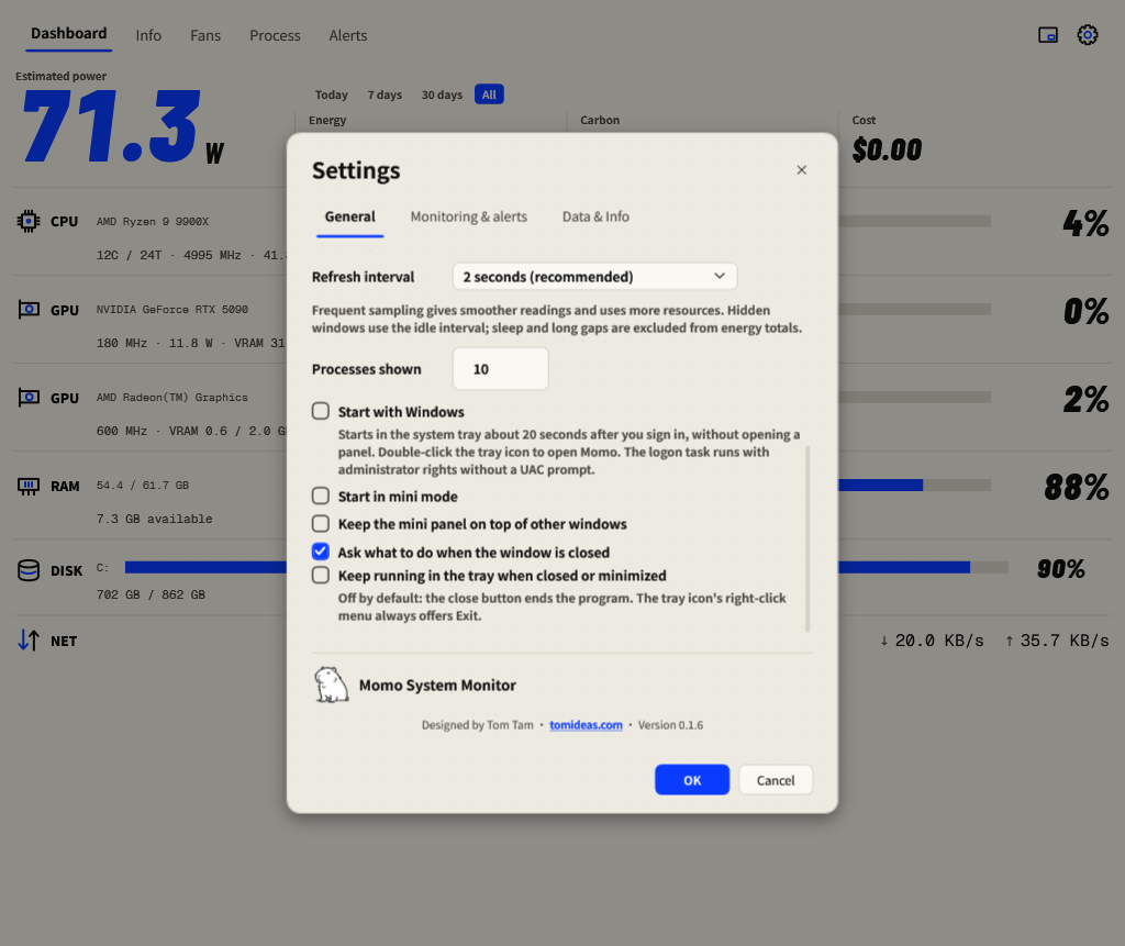 English General settings showing refresh interval startup mini and tray preferences
