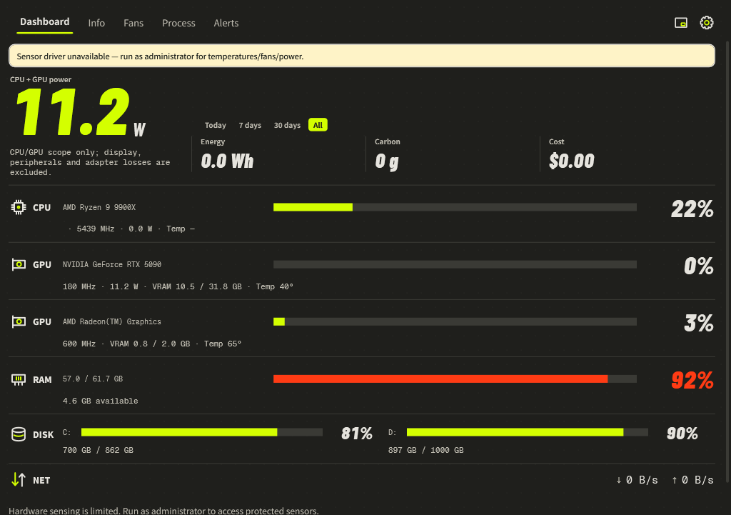 Troubleshooting example showing Sensor driver unavailable and missing CPU temperature when sensor access is limited