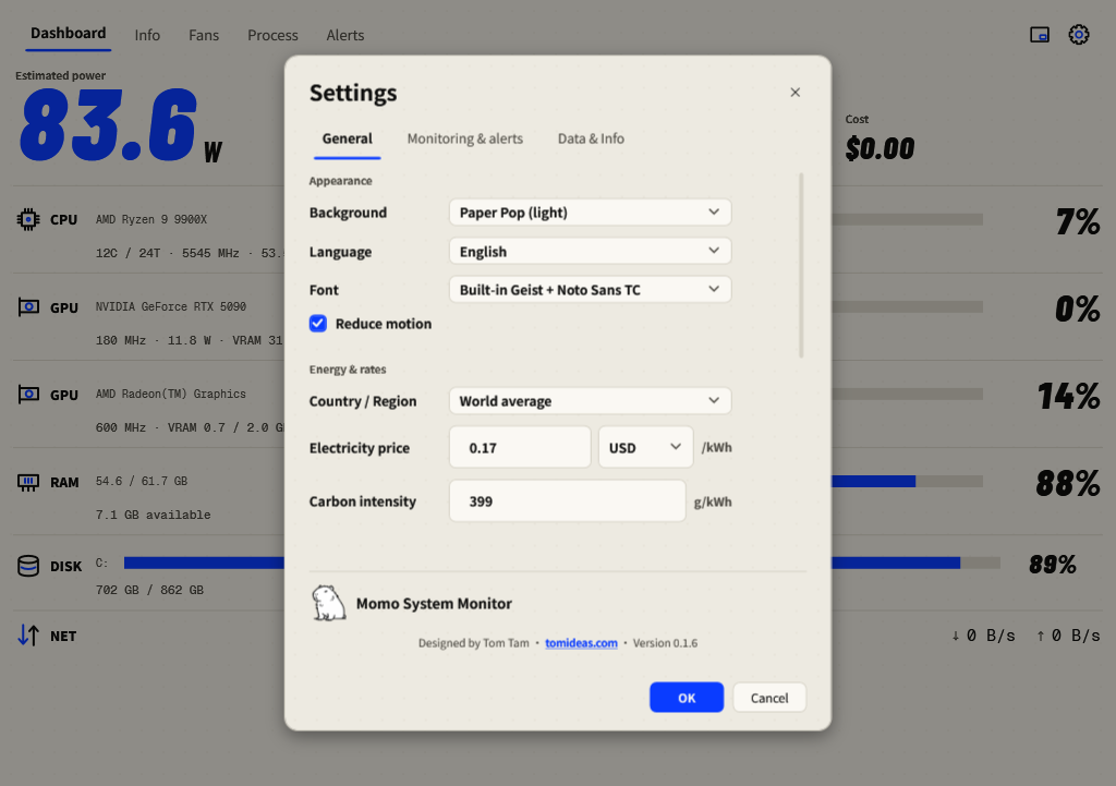 Settings General tab with English selected in Language and OK at the bottom